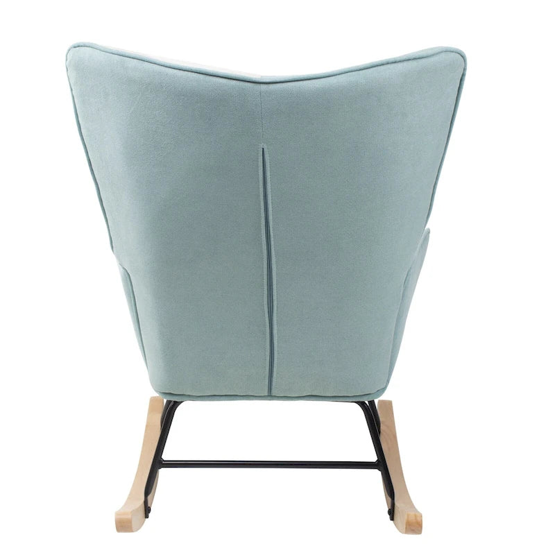 Poltrona a dondolo alta in stile mid-century con rivestimento in lino patchwork e gambe in legno