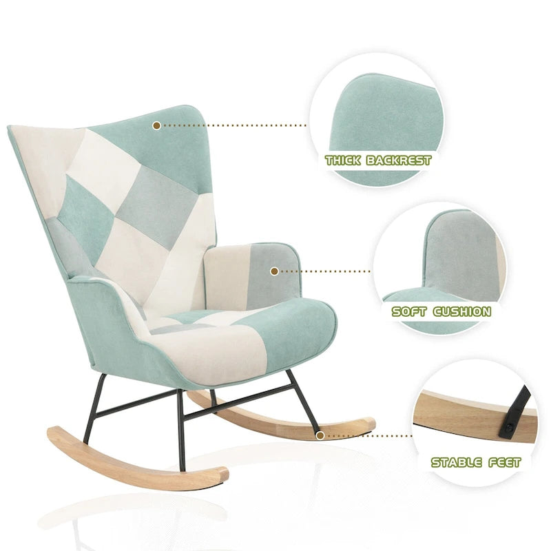 Poltrona a dondolo alta in stile mid-century con rivestimento in lino patchwork e gambe in legno