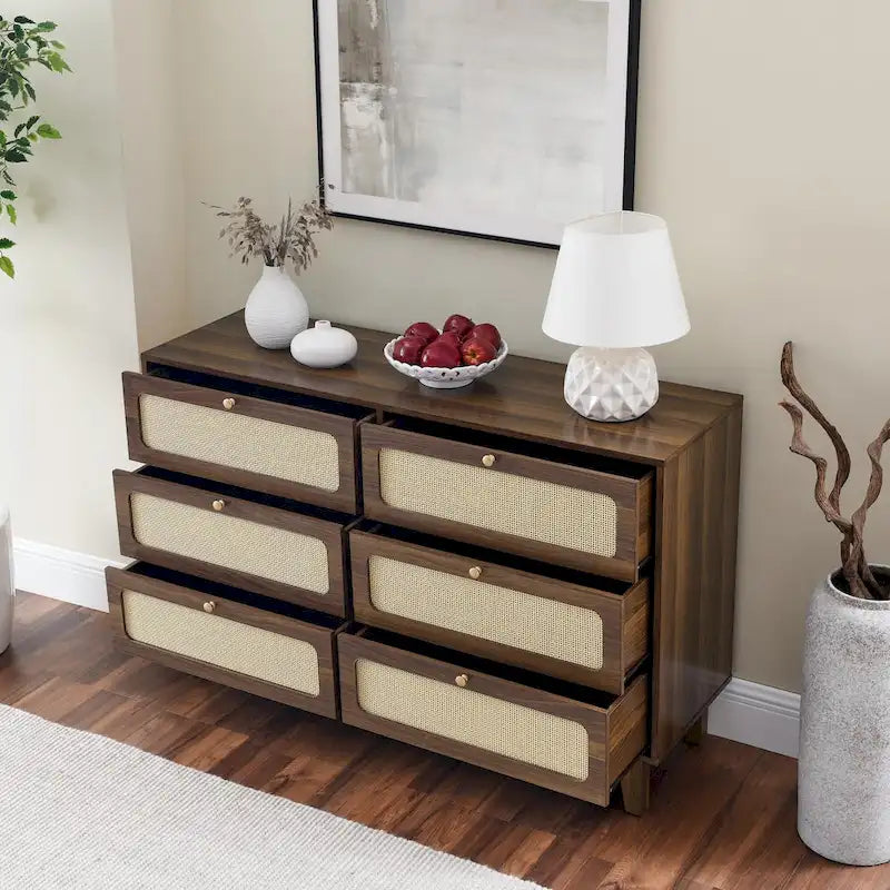 Six-Drawer Dresser with Rattan Net Fronts – Bedroom, TV Stand & Storage