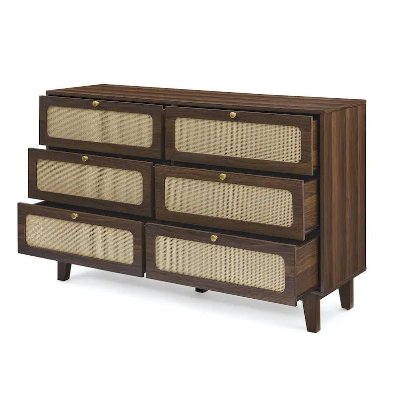 Six-Drawer Dresser with Rattan Net Fronts – Bedroom, TV Stand & Storage