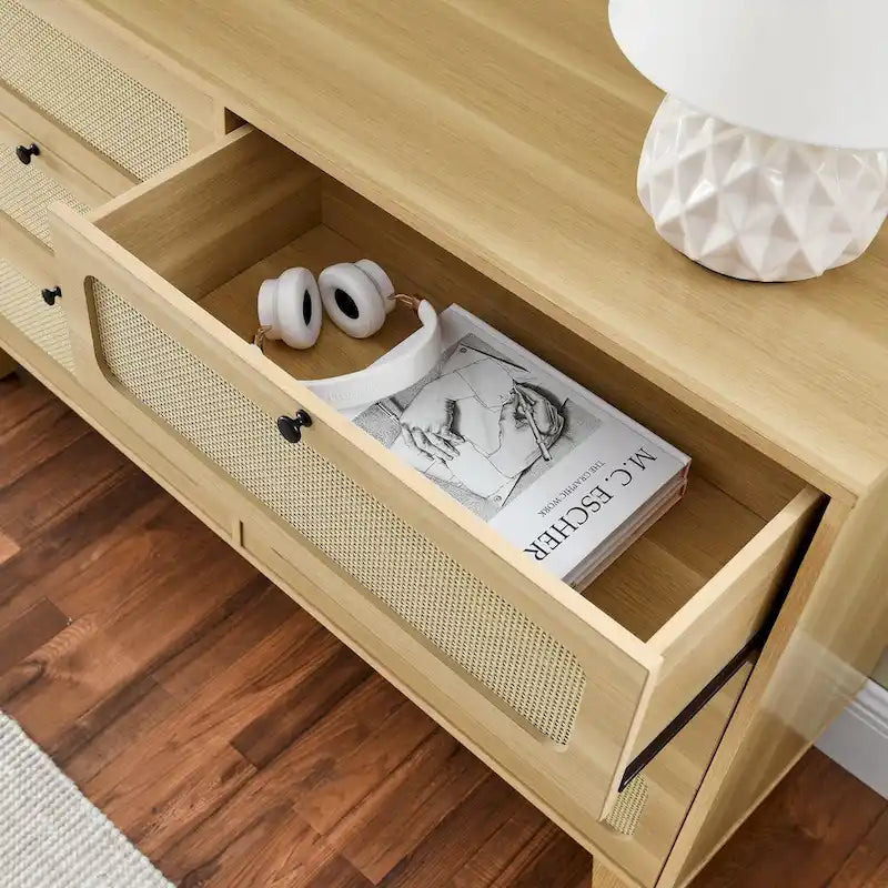 Six-Drawer Dresser with Rattan Net Fronts – Bedroom, TV Stand & Storage