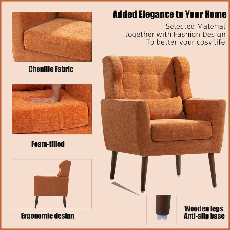 Fauteuil d'appoint moderne du milieu du siècle en chenille avec pieds en bois effilés