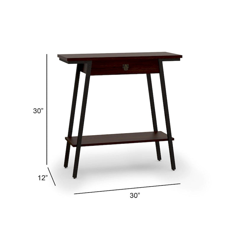 Consolle in legno in stile Mission con cassetto e struttura in metallo