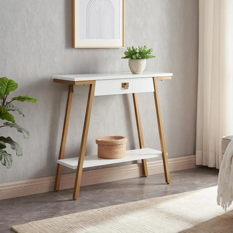 Consolle in legno in stile Mission con cassetto e struttura in metallo