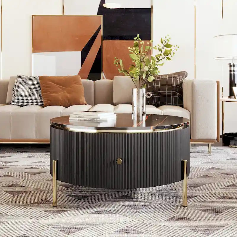 Runder Couchtisch in Marmoroptik mit 2 Schubladen – goldene Beine