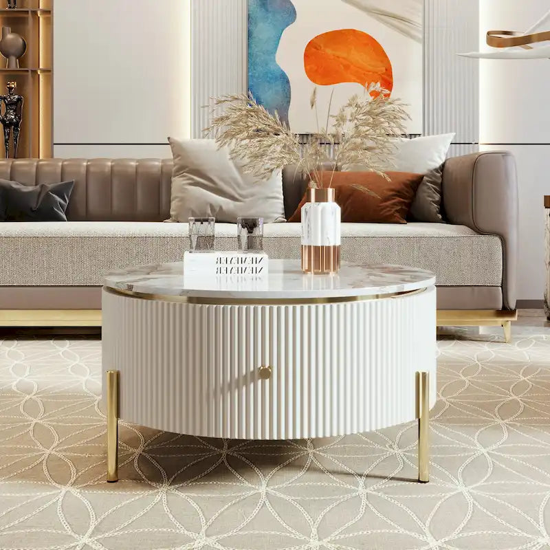 Runder Couchtisch in Marmoroptik mit 2 Schubladen – goldene Beine