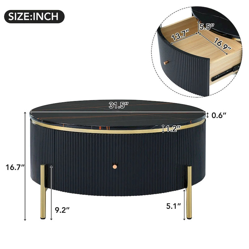 Runder Couchtisch in Marmoroptik mit 2 Schubladen – goldene Beine