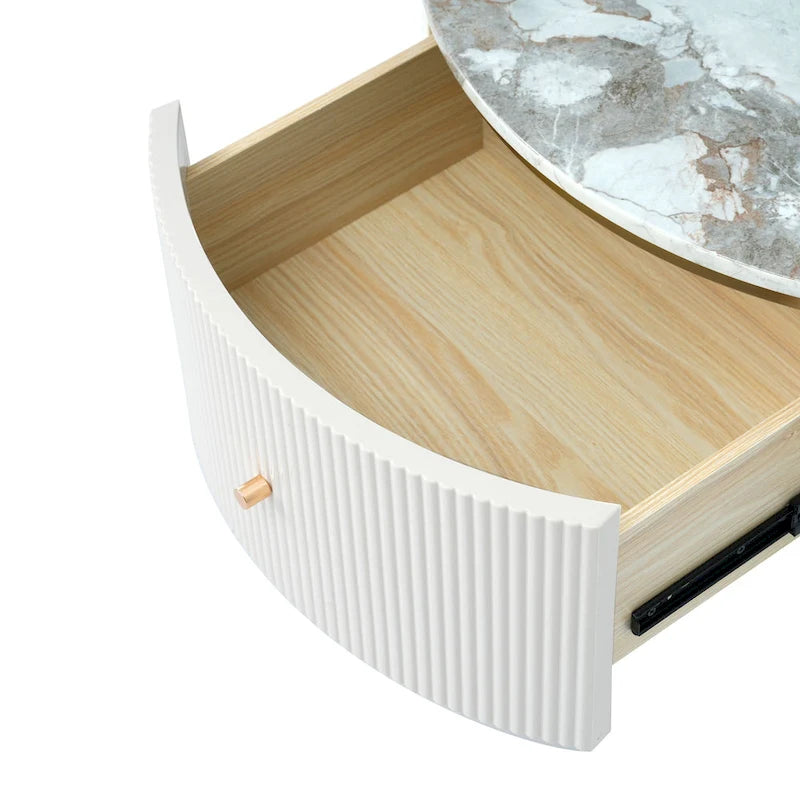 Runder Couchtisch in Marmoroptik mit 2 Schubladen – goldene Beine