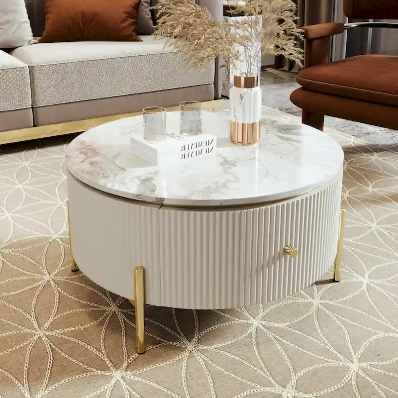 Runder Couchtisch in Marmoroptik mit 2 Schubladen – goldene Beine