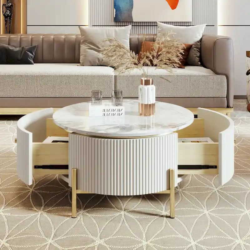 Runder Couchtisch in Marmoroptik mit 2 Schubladen – goldene Beine