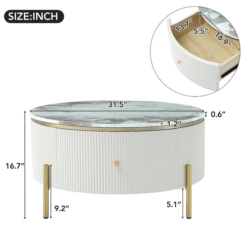 Runder Couchtisch in Marmoroptik mit 2 Schubladen – goldene Beine