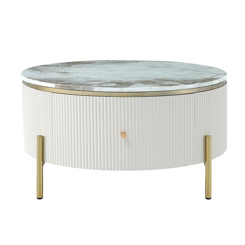 Runder Couchtisch in Marmoroptik mit 2 Schubladen – goldene Beine