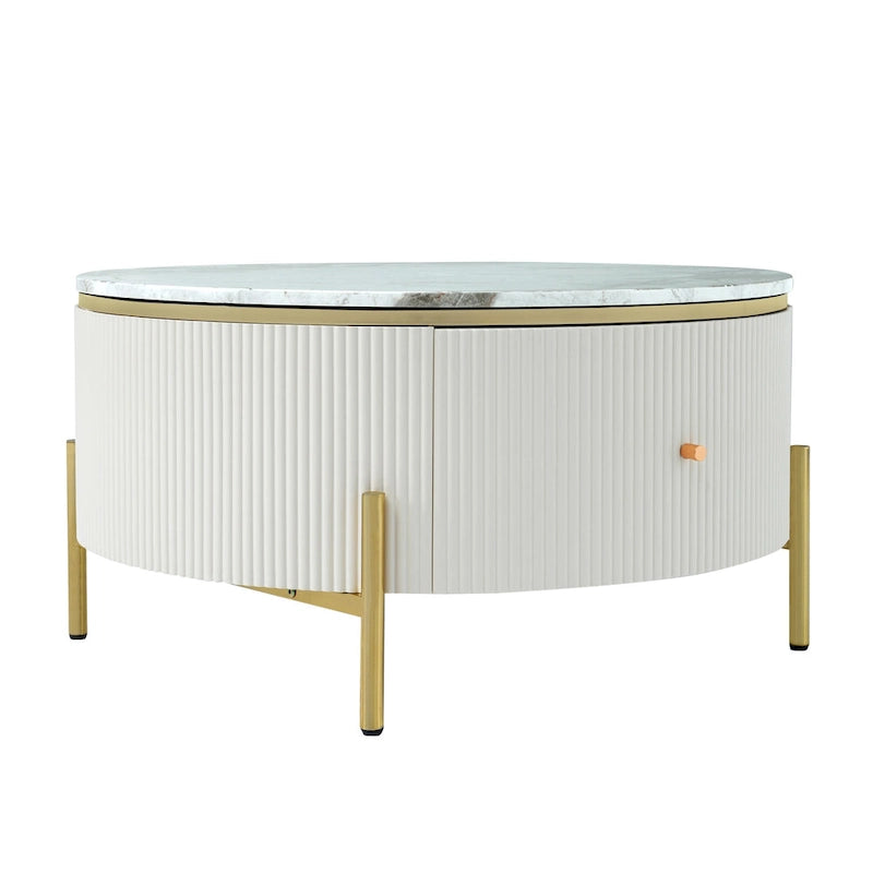 Runder Couchtisch in Marmoroptik mit 2 Schubladen – goldene Beine