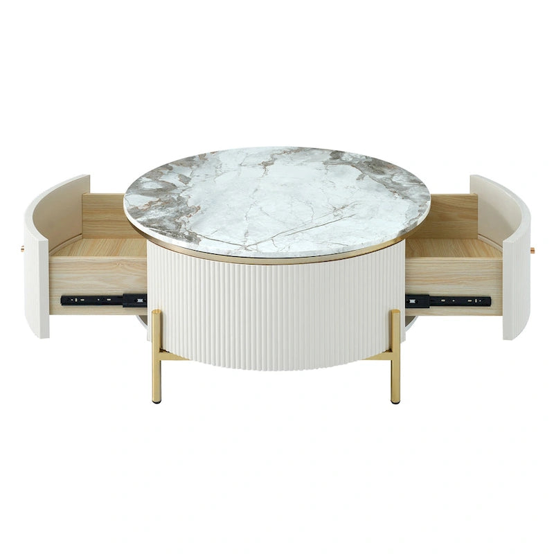 Runder Couchtisch in Marmoroptik mit 2 Schubladen – goldene Beine