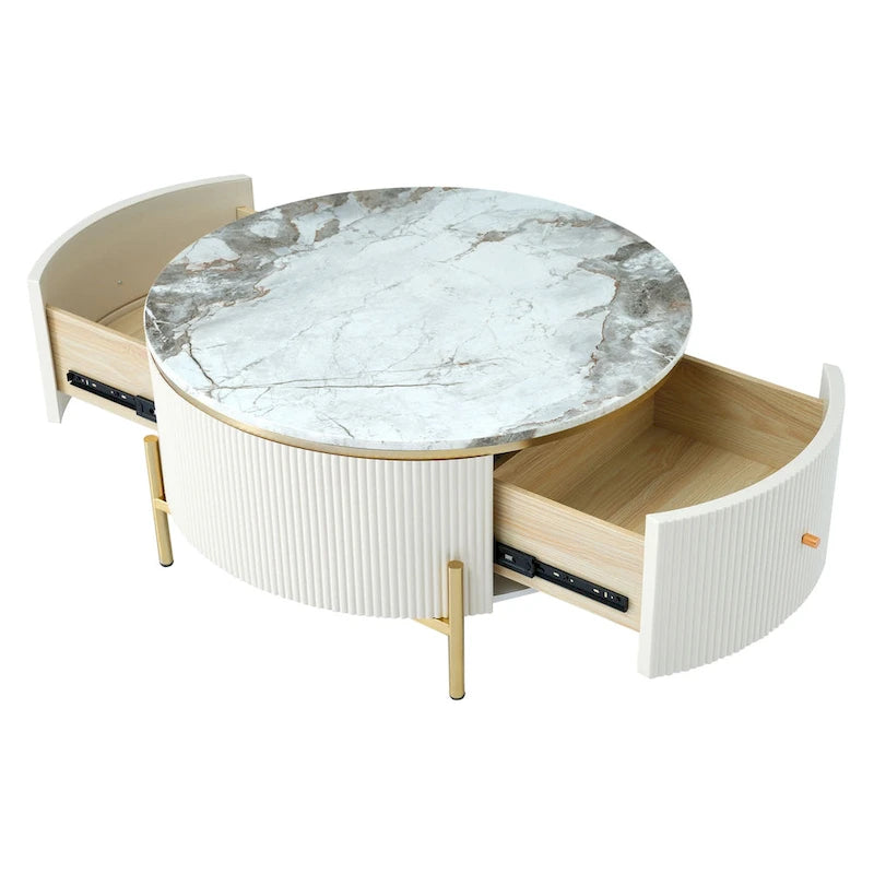 Runder Couchtisch in Marmoroptik mit 2 Schubladen – goldene Beine