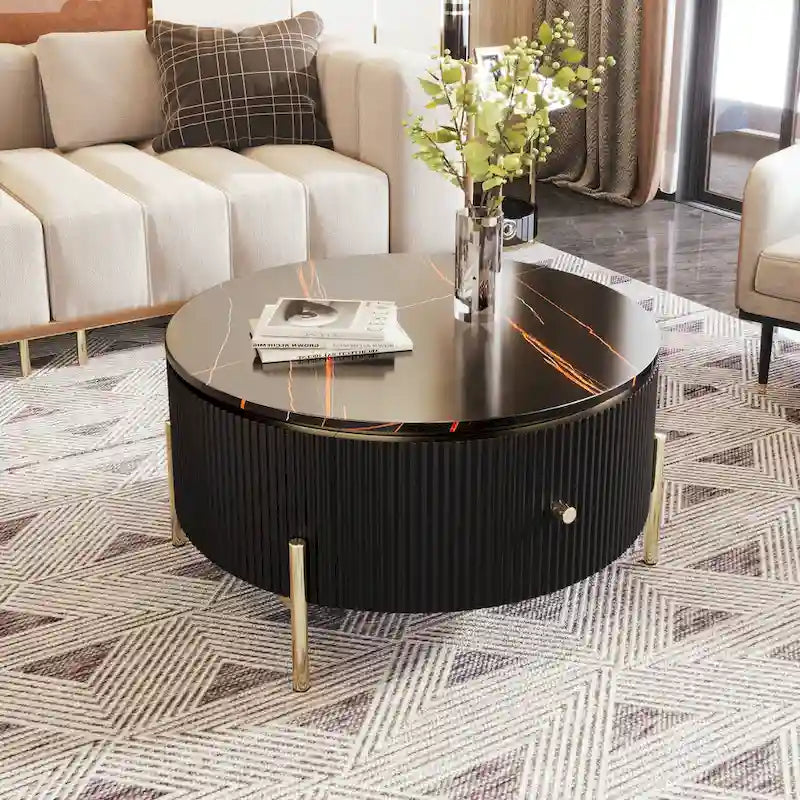 Runder Couchtisch in Marmoroptik mit 2 Schubladen – goldene Beine