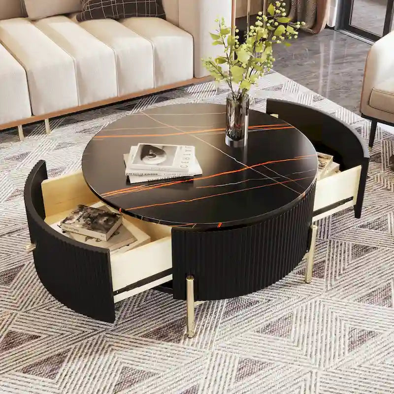 Runder Couchtisch in Marmoroptik mit 2 Schubladen – goldene Beine