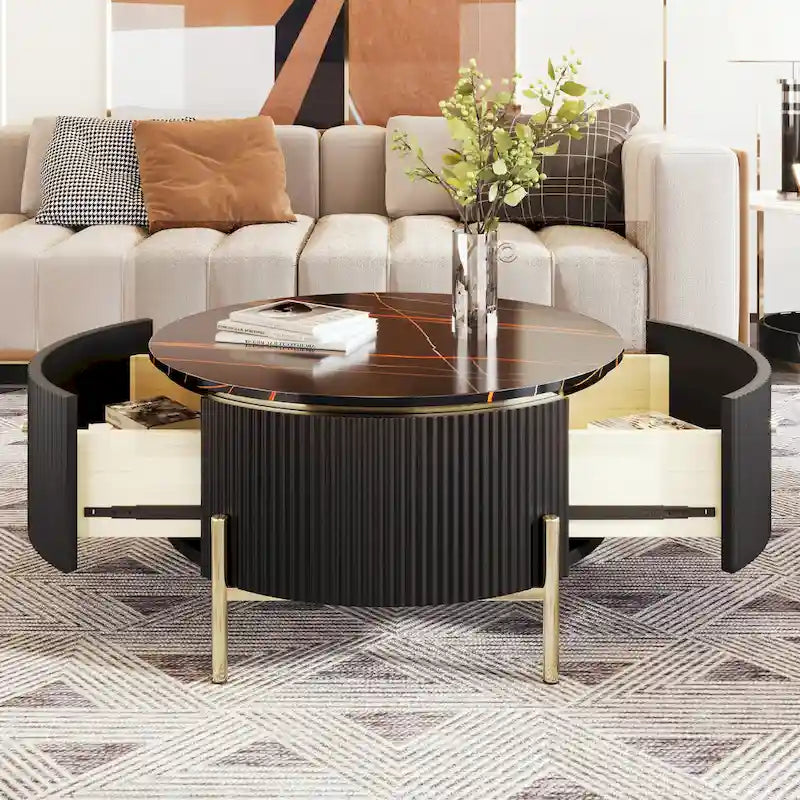 Runder Couchtisch in Marmoroptik mit 2 Schubladen – goldene Beine