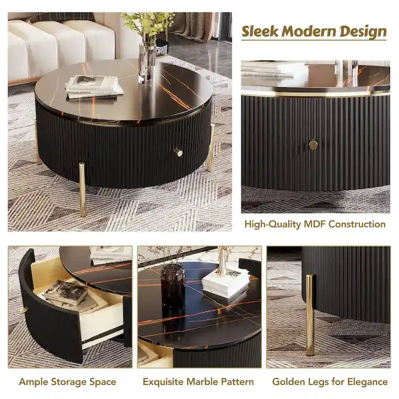 Runder Couchtisch in Marmoroptik mit 2 Schubladen – goldene Beine