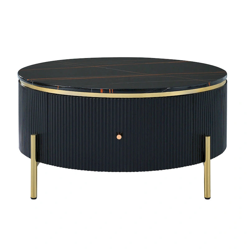 Runder Couchtisch in Marmoroptik mit 2 Schubladen – goldene Beine