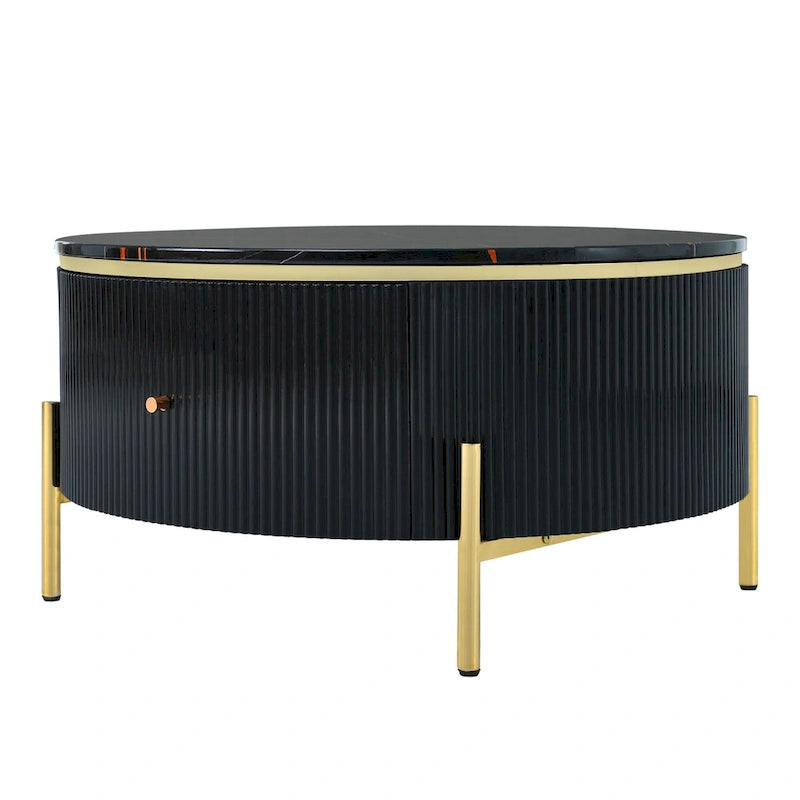 Runder Couchtisch in Marmoroptik mit 2 Schubladen – goldene Beine
