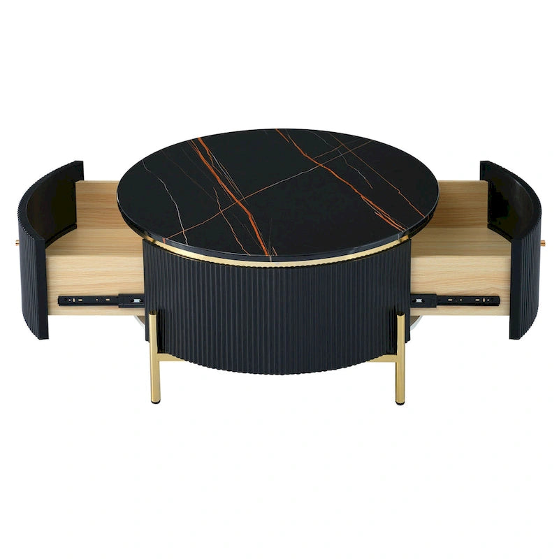 Runder Couchtisch in Marmoroptik mit 2 Schubladen – goldene Beine