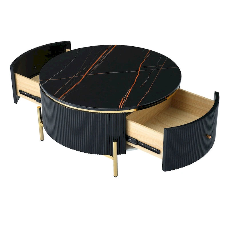 Runder Couchtisch in Marmoroptik mit 2 Schubladen – goldene Beine