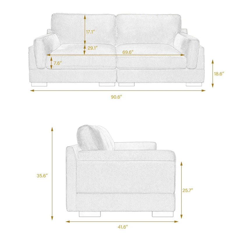 Nowoczesna sofa z sztruksu o szerokości 90 cali z głębokim siedziskiem