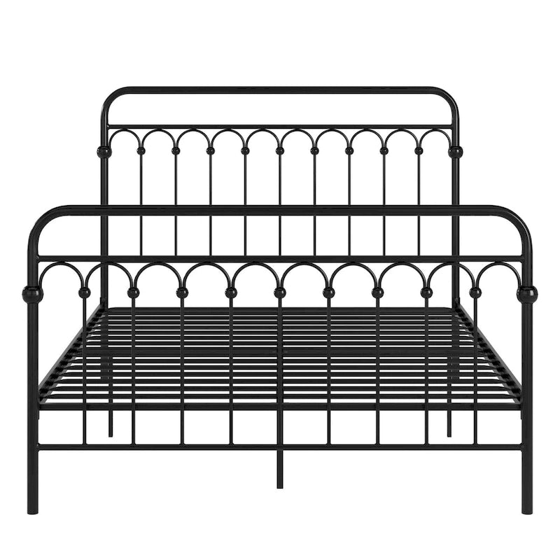 Łóżko platformowe z metalowymi łukami, eleganckim łukowym zagłówkiem i zanóżkiem – Full/Queen
