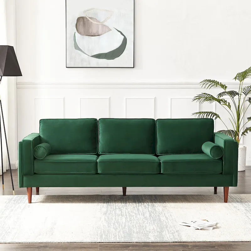 88-Inch Mid-Century Modern Velvet Sofa with Reversible Back Pillows
