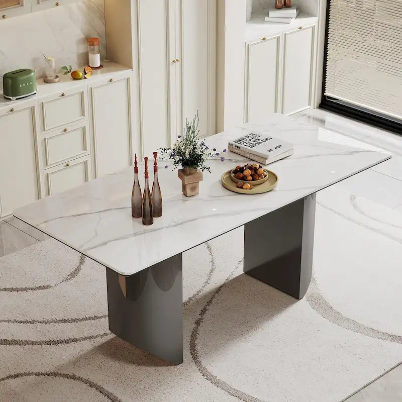 Table à manger moderne avec plateau en verre trempé et composite de pierre frittée et base en acier inoxydable