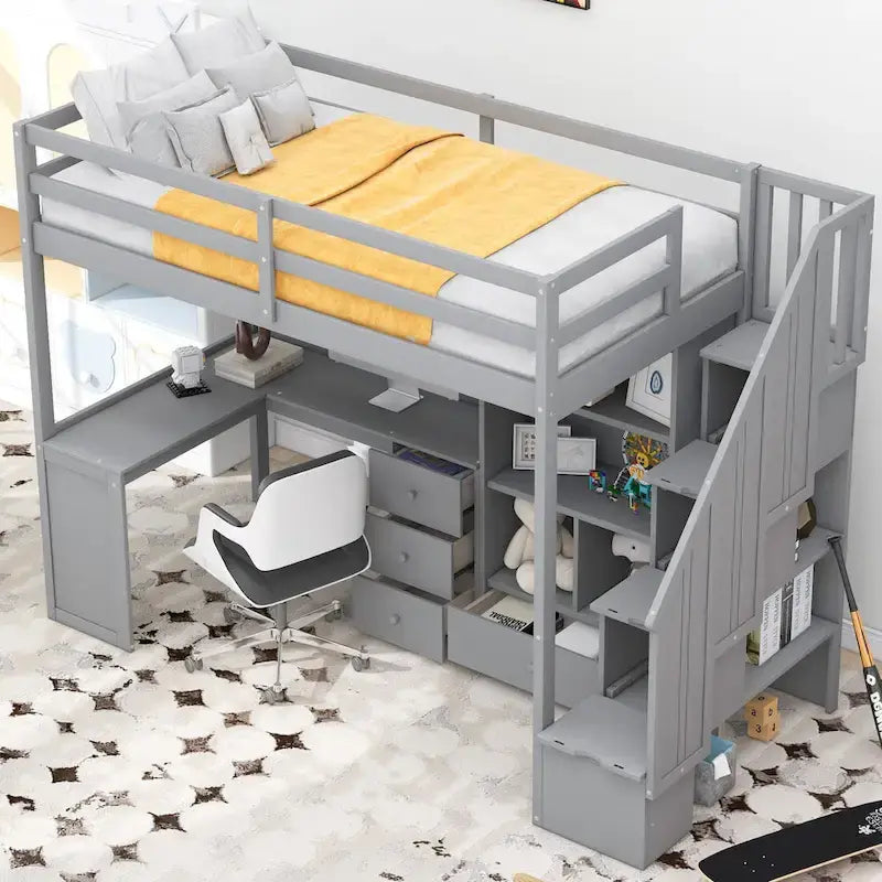 Hochbett in Twin-Größe mit L-förmigem Schreibtisch, Schubladen, Schrank und Stauraumtreppe – Grau