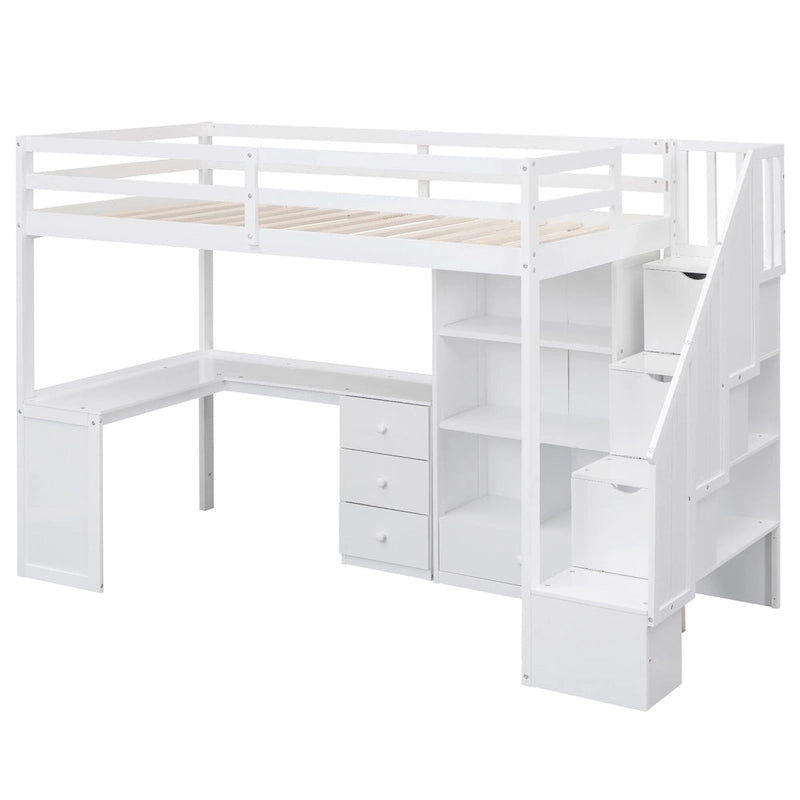Hochbett in Twin-Größe mit L-förmigem Schreibtisch, Schubladen, Schrank und Stauraumtreppe – Grau