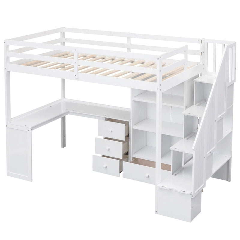 Hochbett in Twin-Größe mit L-förmigem Schreibtisch, Schubladen, Schrank und Stauraumtreppe – Grau