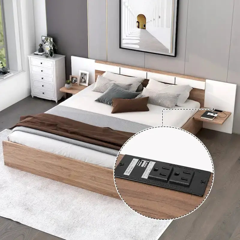 Letto matrimoniale Queen con piattaforma, cassetti contenitore, mensole e testiera con ricarica USB