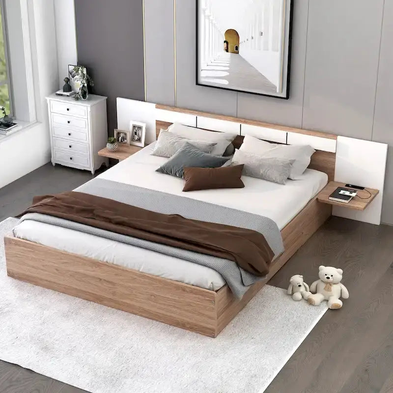 Letto matrimoniale Queen con piattaforma, cassetti contenitore, mensole e testiera con ricarica USB
