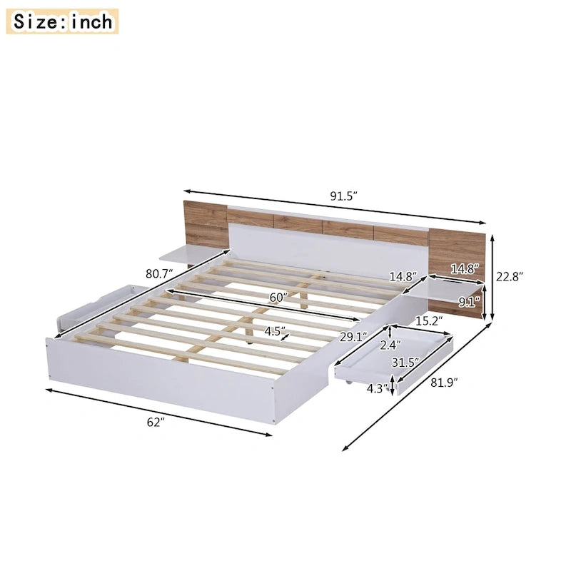 Letto matrimoniale Queen con piattaforma, cassetti contenitore, mensole e testiera con ricarica USB