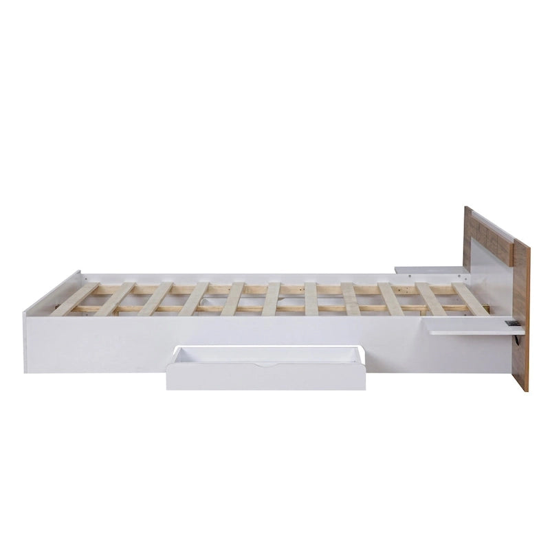 Letto matrimoniale Queen con piattaforma, cassetti contenitore, mensole e testiera con ricarica USB