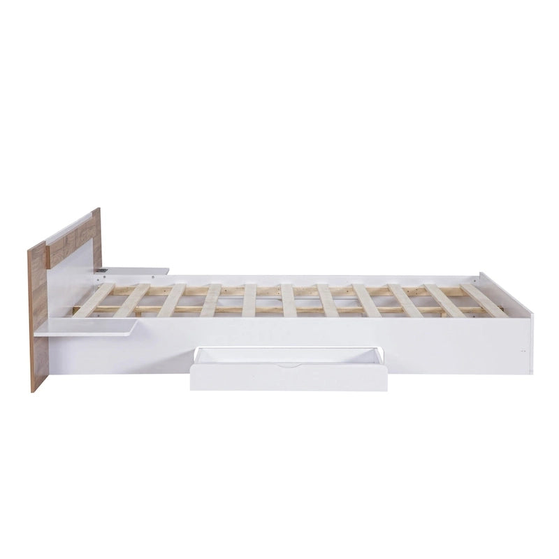 Letto matrimoniale Queen con piattaforma, cassetti contenitore, mensole e testiera con ricarica USB