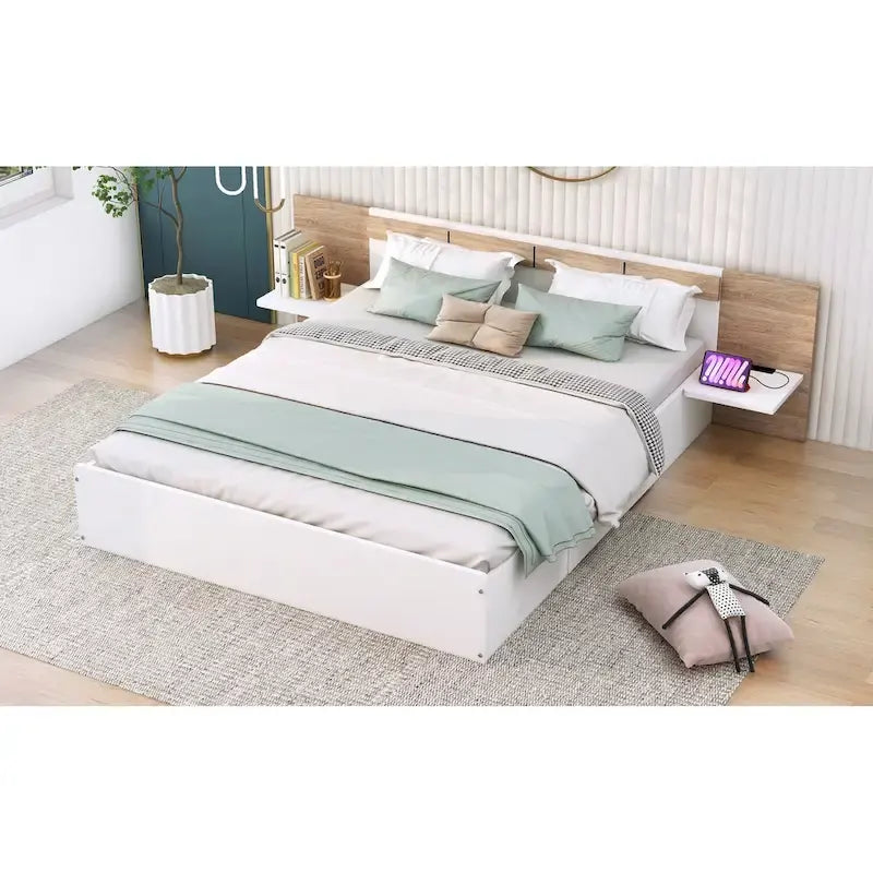 Letto matrimoniale Queen con piattaforma, cassetti contenitore, mensole e testiera con ricarica USB