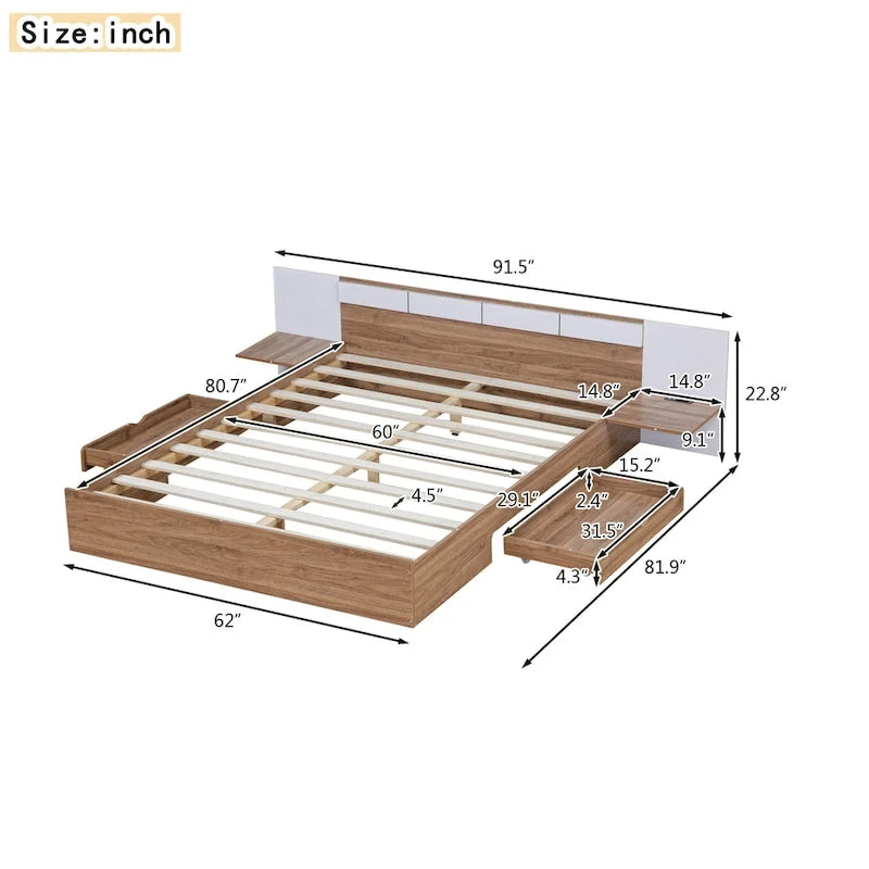Letto matrimoniale Queen con piattaforma, cassetti contenitore, mensole e testiera con ricarica USB