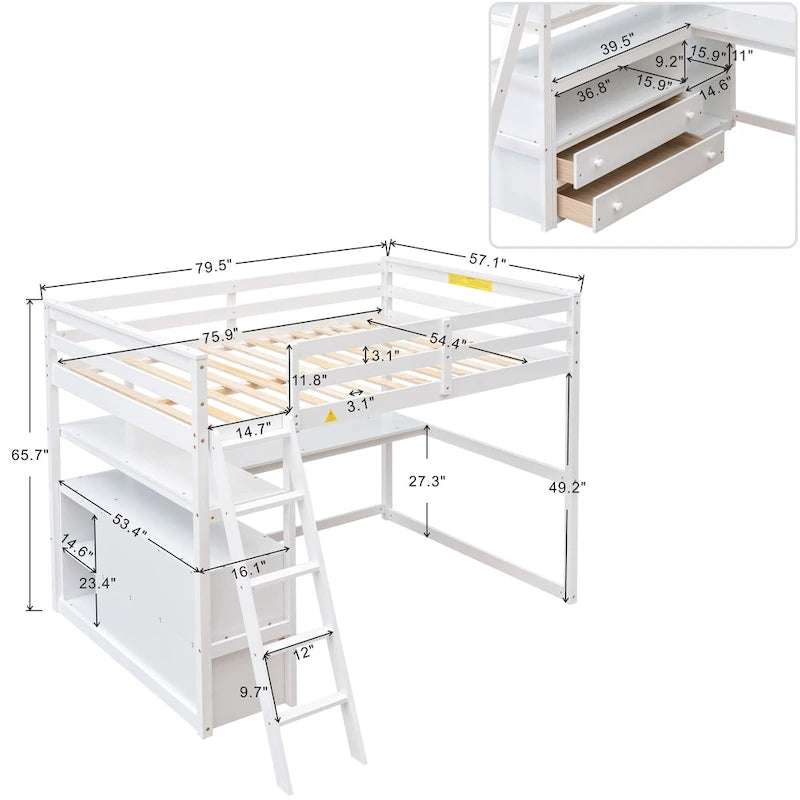 Letto rialzato matrimoniale Full con scrivania, ripiani e 2 cassetti contenitore - grigio