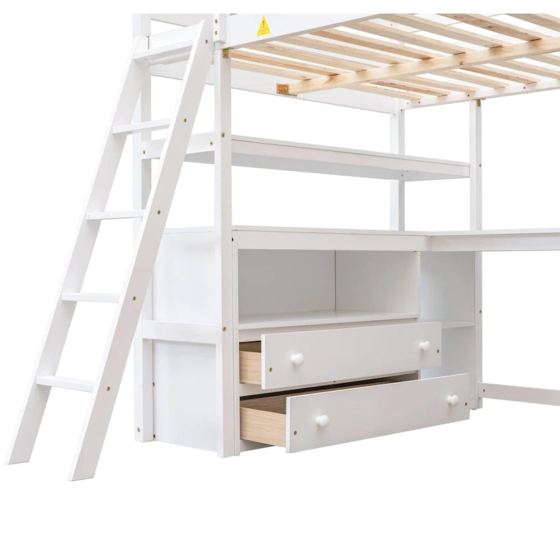 Letto rialzato matrimoniale Full con scrivania, ripiani e 2 cassetti contenitore - grigio