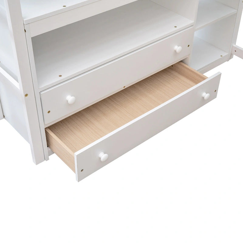 Letto rialzato matrimoniale Full con scrivania, ripiani e 2 cassetti contenitore - grigio