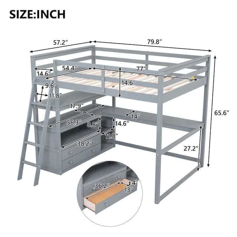 Letto rialzato matrimoniale Full con scrivania, ripiani e 2 cassetti contenitore - grigio
