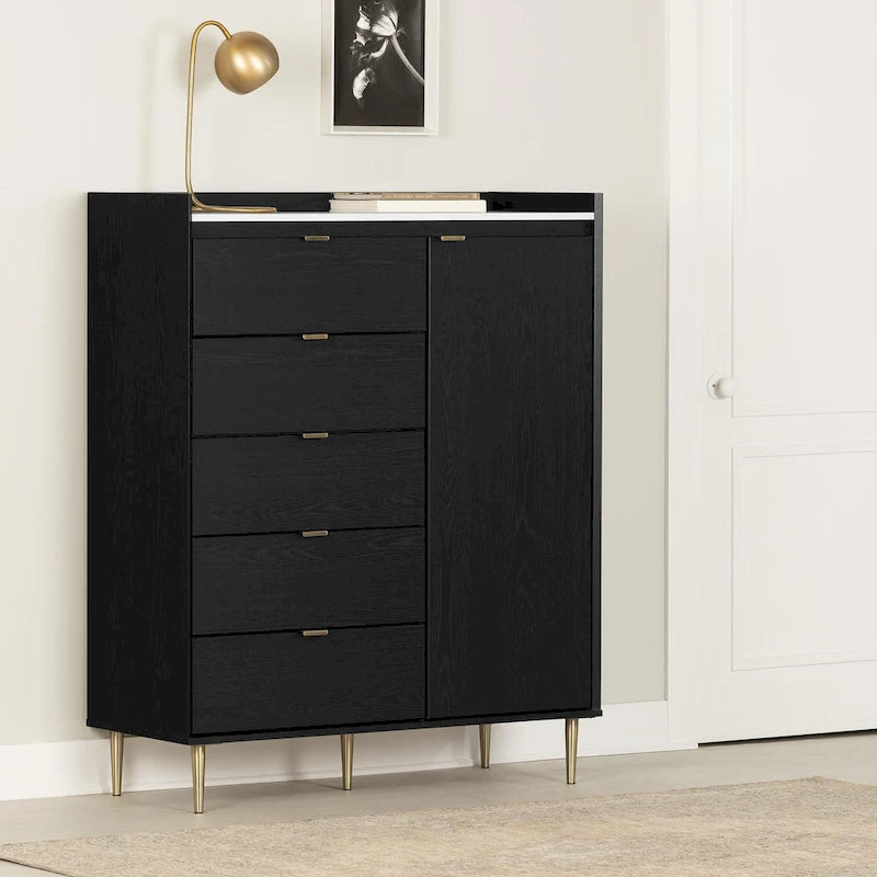 Elegancka komoda z 5 szufladami i drzwiami, drążkiem na ubrania oraz blatem imitującym marmur