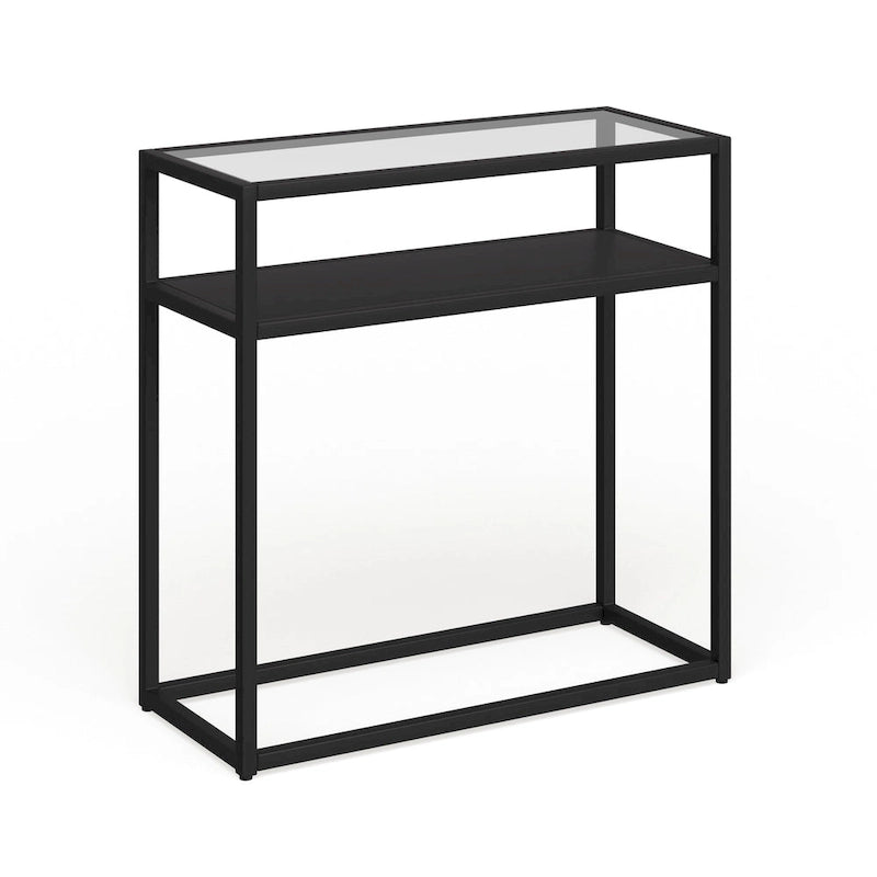 Table d'appoint rétro de style boîte vitrine avec plateau en verre trempé et structure en bronze noirci