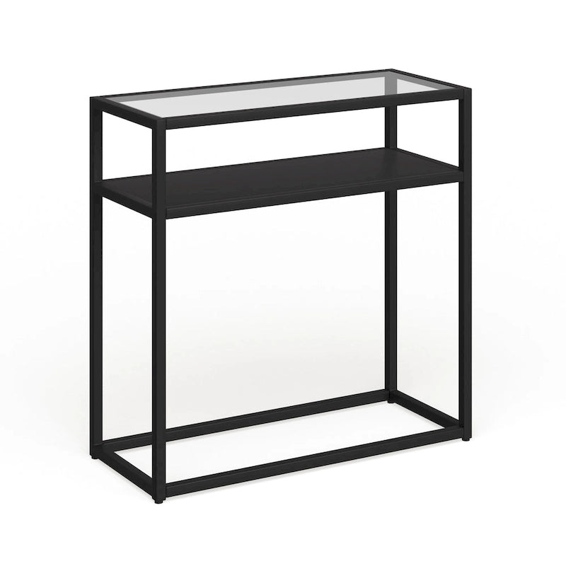 Table d'appoint rétro de style boîte vitrine avec plateau en verre trempé et structure en bronze noirci
