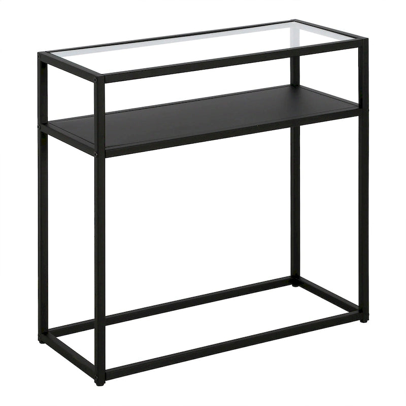 Table d'appoint rétro de style boîte vitrine avec plateau en verre trempé et structure en bronze noirci