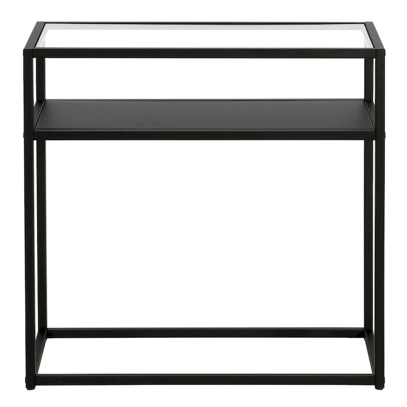 Table d'appoint rétro de style boîte vitrine avec plateau en verre trempé et structure en bronze noirci